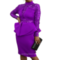 Slim Turtleneck Full Sleeve Sequined Patchwork Peplum Lady Career Dress